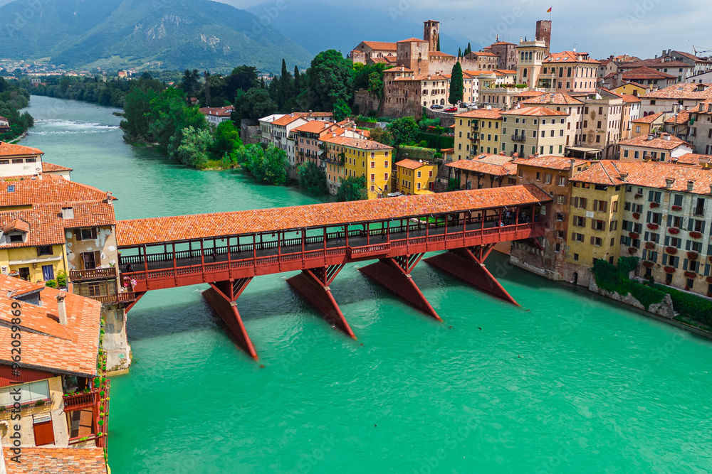 Ponte degli Alpini in Bassano del Grappa, Veneto, Italy – An iconic wooden bridge spanning the Brenta River, Ponte degli Alpini in Bassano del Grappa, Veneto, Italy – An iconic wooden bridge spanning the Brenta River,