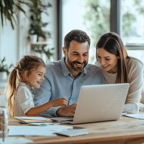 a family in the office: a father working on a laptop, with his wife and daughter watching him from behind, smiling happily at each other