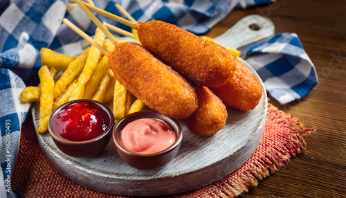 corndog, corndogs, wiesn, oktoberfest, münchen, neu, close up, essen, pommes frites, french, ketchup, sauce, dip, wurst, streetfood, panade, paniert, paniertes, fleisch, gebraten, brotzeit, ad, 3d photo