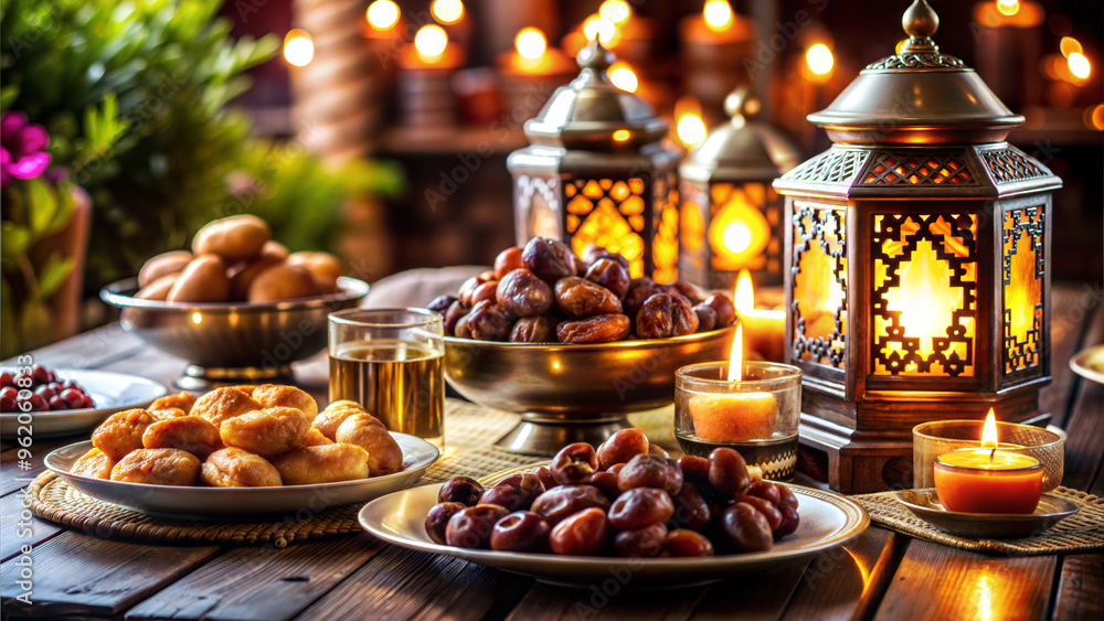 Naklejka premium Festive table setting with lanterns, dates, sweets, and candles in a warm atmosphere