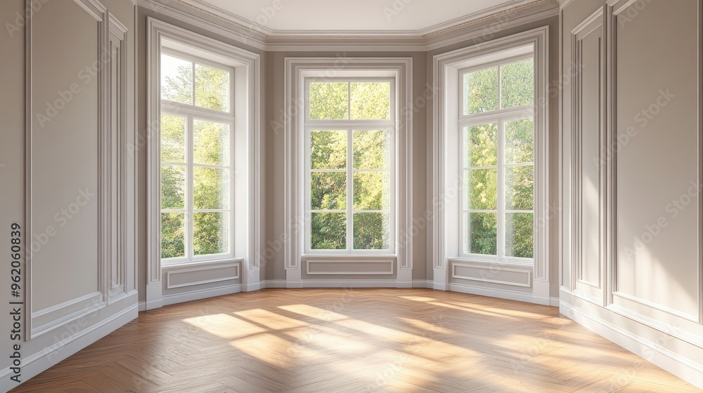 A bright, empty room with a large bay window, sleek wooden floors, and neutral-toned walls, perfect for showcasing modern interior design ideas A bright, empty room with a large bay window, sleek wooden floors, and neutral-toned walls, perfect for showcasing modern interior design ideas