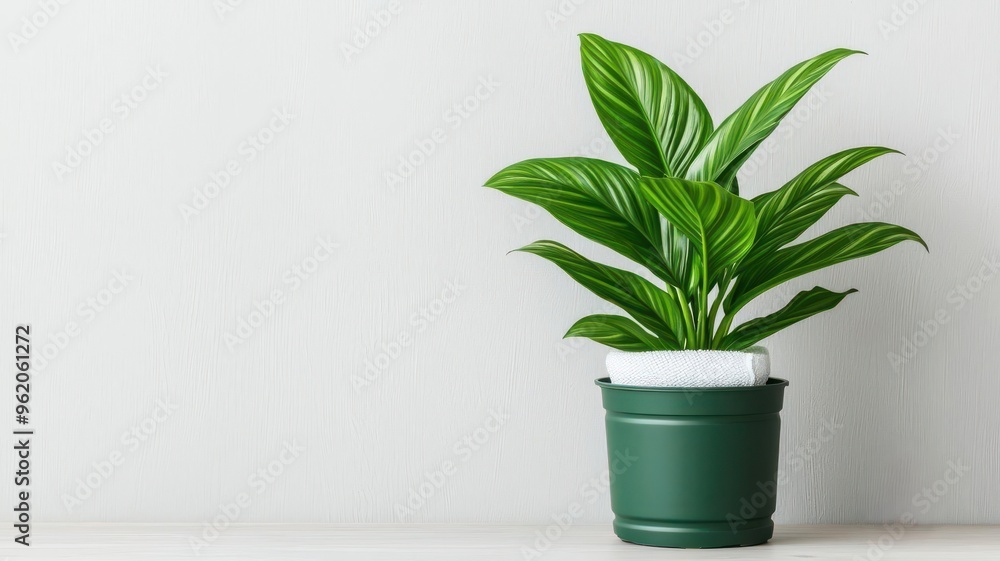 Dusting off indoor plants with a soft cloth, keeping them healthy and clean Dusting off indoor plants with a soft cloth, keeping them healthy and clean