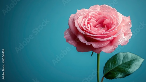 Pink Rose with Water Droplets on Blue Background