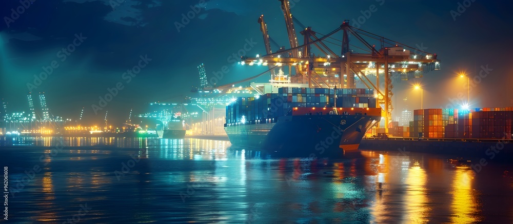 A large container ship is docked at a brightly lit port during the night, surrounded by cranes and stacked containers. A large container ship is docked at a brightly lit port during the night, surrounded by cranes and stacked containers.