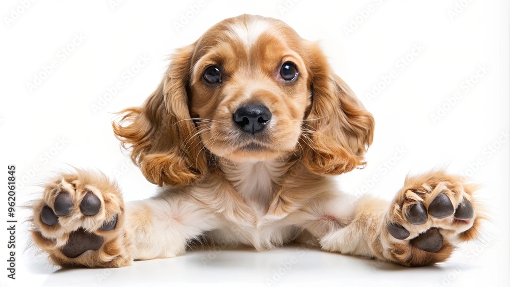 English Cocker Spaniel puppy lying on its back, paws in the air, looking playful English Cocker Spaniel puppy lying on its back, paws in the air, looking playful