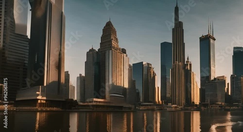 Reflection of skyscrapers in a city’s waterfront.

