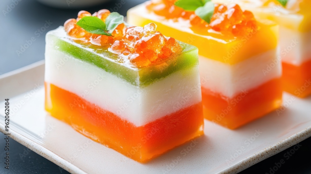 Colorful layered dessert with vibrant jelly slices topped with fruit-like beads and garnished with mint leaves. Colorful layered dessert with vibrant jelly slices topped with fruit-like beads and garnished with mint leaves.