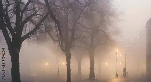 Morning fog in a city square.
