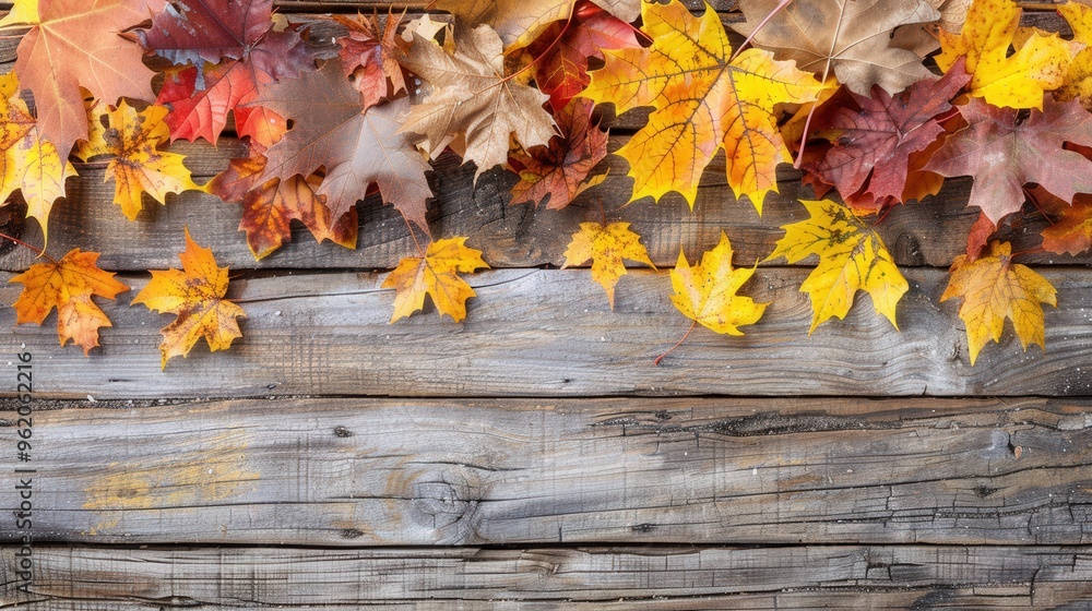Obraz premium Autumn leaves in various hues of orange, yellow, and brown placed on a rustic wooden surface. The texture of the wood contrasts beautifully with the colorful fall leaves, evoking the peacefulness