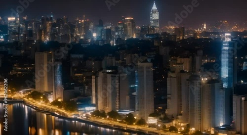Night view of a city’s skyline with reflections in the river.
