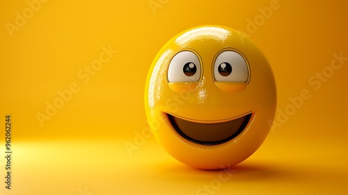 3D yellow emoji with joyful smile, bright eyes, solid yellow gradient background