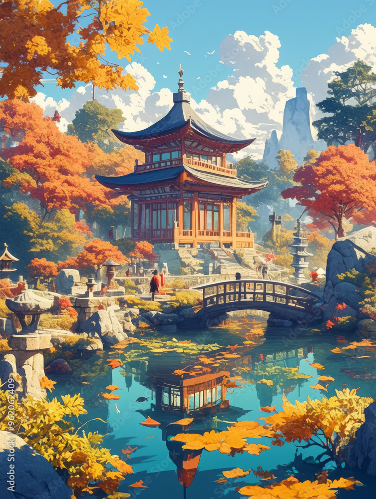 Obraz premium Traditional Asian buildings by the lake