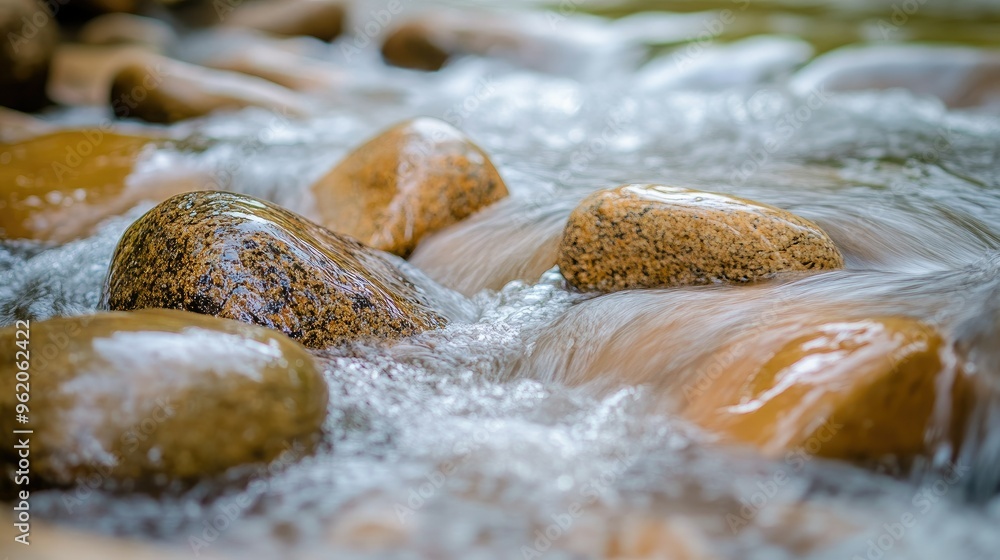 A close-up of rounded stones in a river, with water gently lapping against them, creating a peaceful and natural scene perfect for outdoor photography A close-up of rounded stones in a river, with water gently lapping against them, creating a peaceful and natural scene perfect for outdoor photography