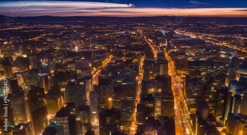 Timelapse of city lights turning on at dusk.
