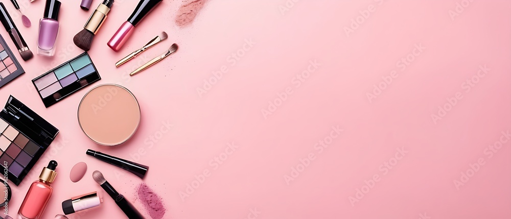 Beauty salon banner design template. Makeup cosmetic products on pastel background. Top view with copy space