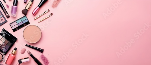 Obraz na płótnie Beauty salon banner design template. Makeup cosmetic products on pastel background. Top view with copy space
w salonie
