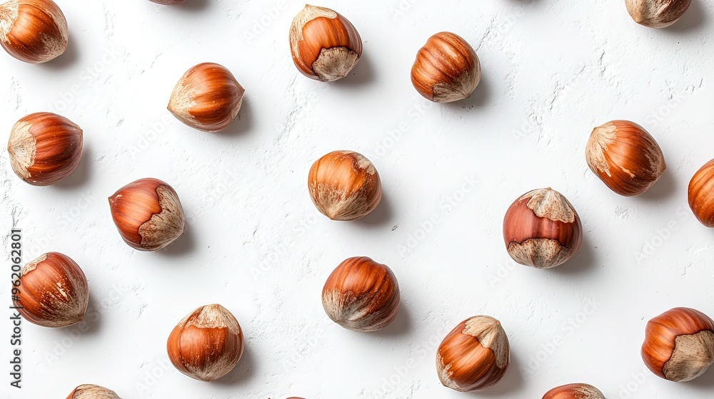 A collection of hazelnuts on a white surface, emphasizing their role as a nutritious, healthy snack packed with natural goodness A collection of hazelnuts on a white surface, emphasizing their role as a nutritious, healthy snack packed with natural goodness