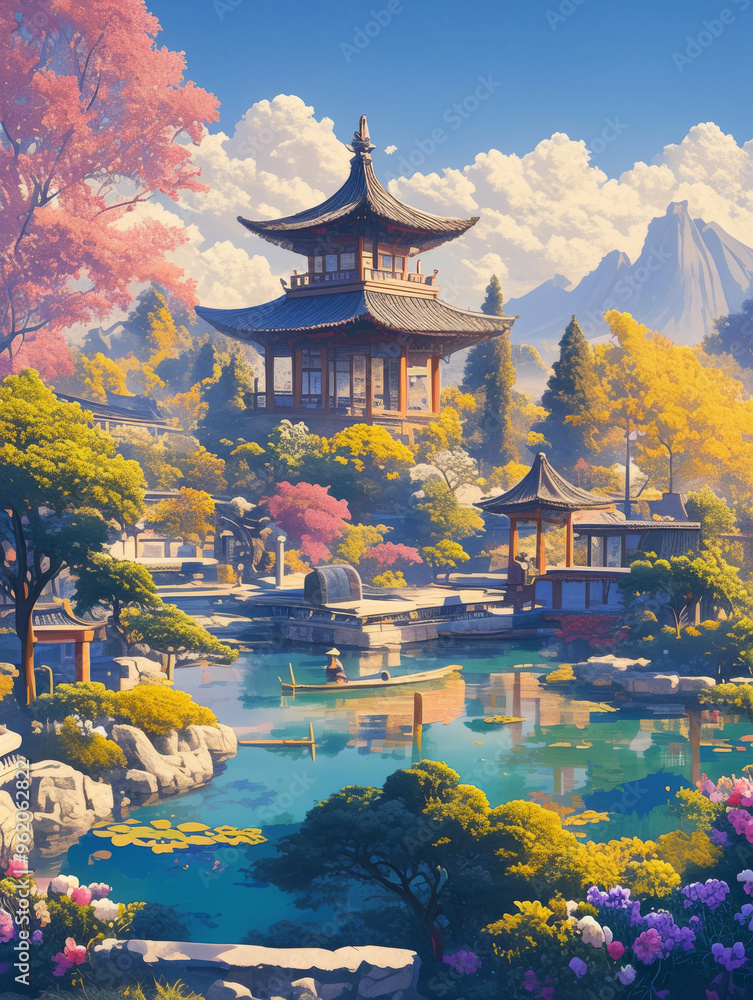 Obraz premium Traditional Asian buildings by the lake