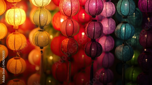 A colorful arrangement of lampion lamps hanging in rows at a lantern festival, creating a vibrant and festive backdrop