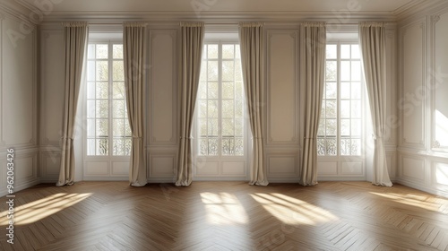 Wallpaper Mural A cozy, empty room in 3D, showcasing a parquet floor, white walls, a wide window adorned with classic white vitrage, and three soft beige curtains hanging gracefully Torontodigital.ca