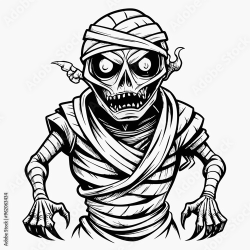 Monochrome Illustration of a Spooky Mummy with Wrapped Bandages and Horror Expression