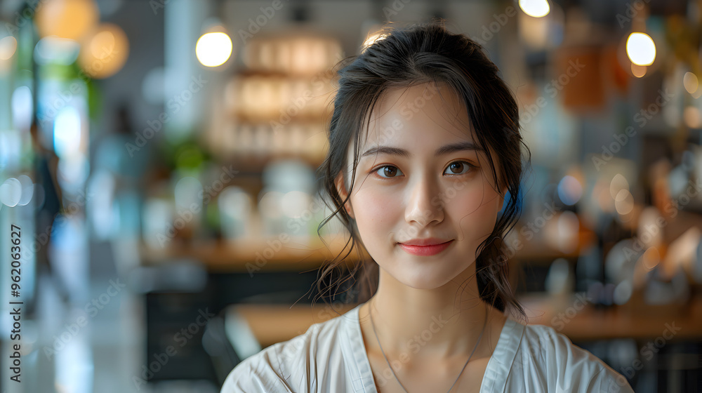 smiling chinese woman wearing summer dress with radiant complexion posing elegantly in local beauty salon smiling chinese woman wearing summer dress with radiant complexion posing elegantly in local beauty salon