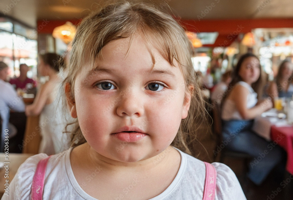 Girl, age 6-10, waiting in a restaurant rest stop, impatient, eating out, childhood. Girl, age 6-10, waiting in a restaurant rest stop, impatient, eating out, childhood.