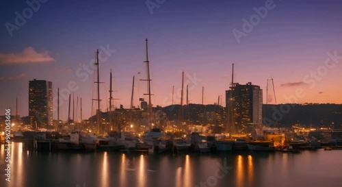 Timelapse of a city’s harbor at dusk.
