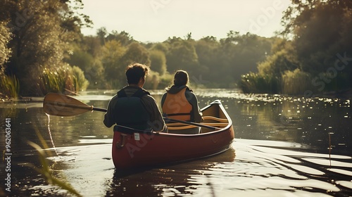 A serene canoe trip on a tranquil river surrounded by lush greenery.