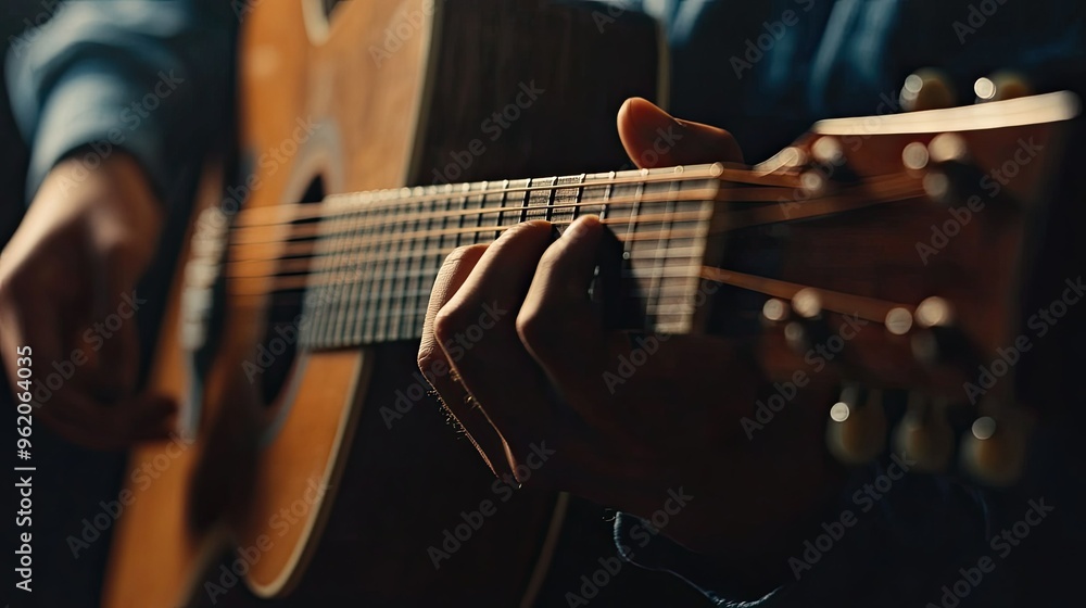 Fototapeta premium A detailed shot of fingers strumming an acoustic guitar, highlighting the rhythm, passion, and creativity of the musician