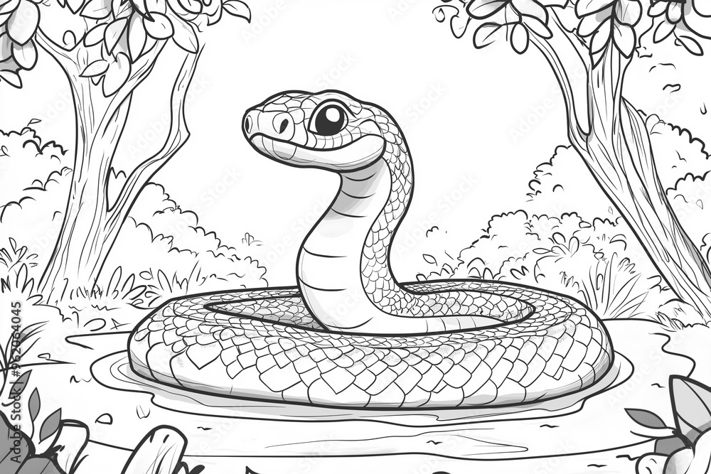 Fototapeta premium Large snake under the trees, for coloring. Child development concept, anti-stress.