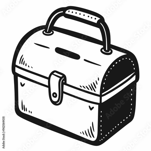 Vintage Style Lunchbox Illustration in Black and White   Hand Drawn Graphic of Old School Lunchbox