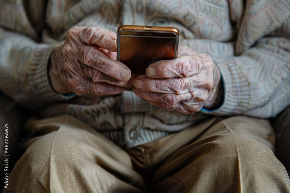 Elderly Man Using Smartphone for Social Media Browsing - Close-Up of Curious Hands Elderly Man Using Smartphone for Social Media Browsing - Close-Up of Curious Hands