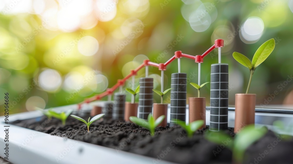 Plants growing in soil with financial bar charts, symbolizing the combination of sustainable business practices and financial growth. The vibrant green setting eco-friendly financial strategies. Plants growing in soil with financial bar charts, symbolizing the combination of sustainable business practices and financial growth. The vibrant green setting eco-friendly financial strategies.