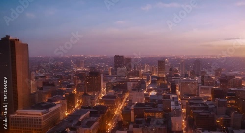 Aerial view of a city’s downtown at dawn.
