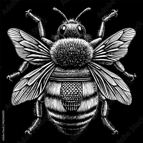 A black and white drawing of a bee with a striped pattern on its back