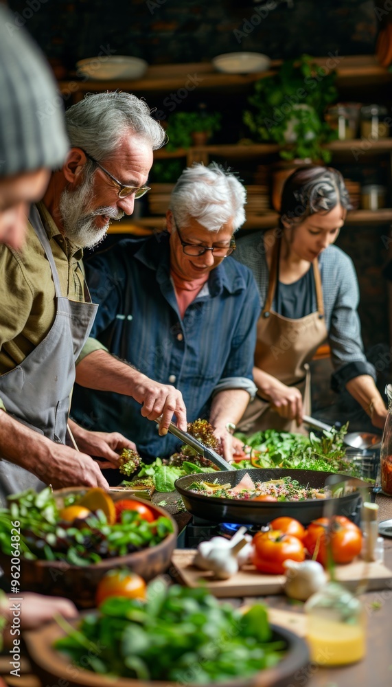 Middle Aged Friends Engaging in a Cooking Class with Fresh, Seasonal Ingredients Middle Aged Friends Engaging in a Cooking Class with Fresh, Seasonal Ingredients