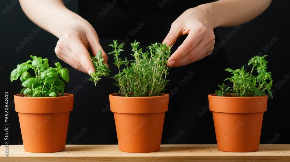 Woman planting herbs in small pots, DIY indoor garden setup Woman planting herbs in small pots, DIY indoor garden setup