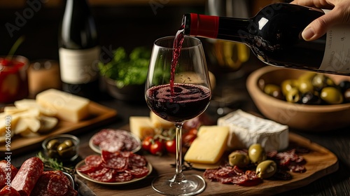 A hand pouring red wine into a glass over a table filled with various Italian antipasti, olives, and cheeses