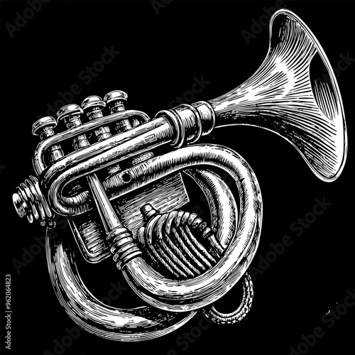 A black and white drawing of a trumpet with a black background