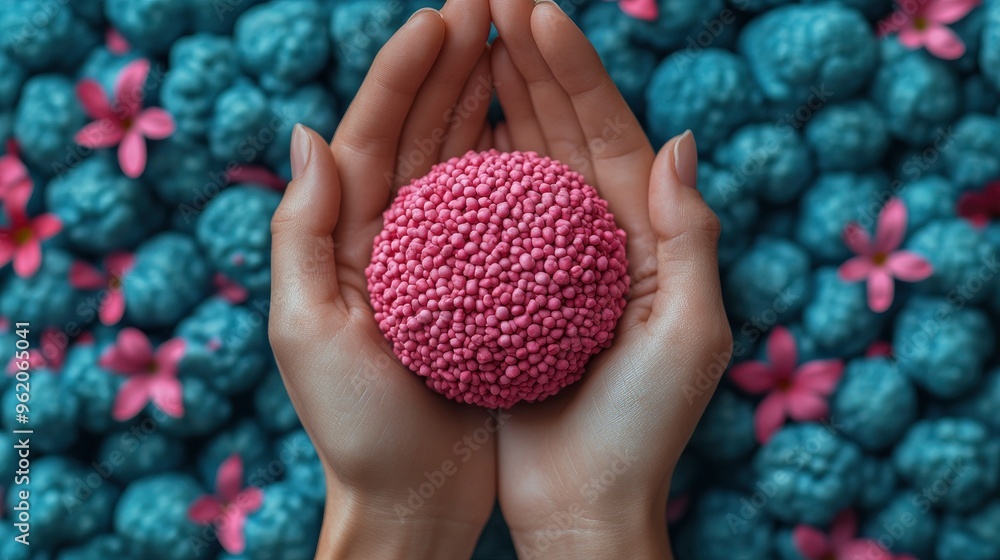 Pink Sphere Held by Hands Against a Blue and Pink Background Pink Sphere Held by Hands Against a Blue and Pink Background