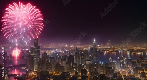 Evening shot of a city skyline with fireworks.
