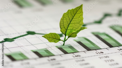 Single green leaf sprouting from a financial chart, symbolizing the harmony between finance and nature. The image represents sustainable growth and eco-friendly investment strategies.