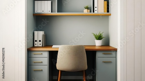 A small, cozy office nook with a built-in desk, a comfortable chair, and wall-mounted storage, office nook, built-in, cozy