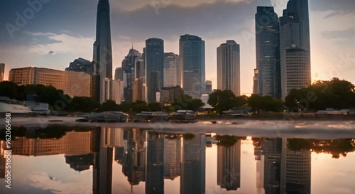 Reflection of a city skyline in a puddle.
