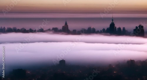 Fog rolling over a city skyline at dawn.
