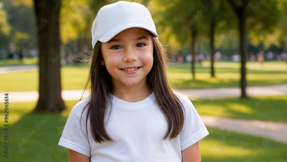 Little girl wearing white t-shirt and white baseball cap standing in the park