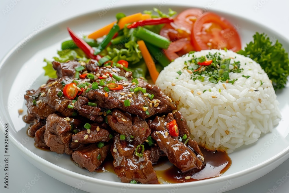 Fototapeta premium A beautifully plated dish of beef teriyaki with steamed rice and vegetables