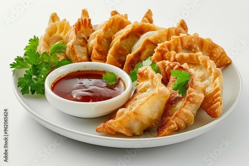 A plate of crispy gyoza dumplings with a side of dipping sauce