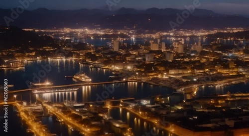 Nighttime aerial view of a city’s harbor.
